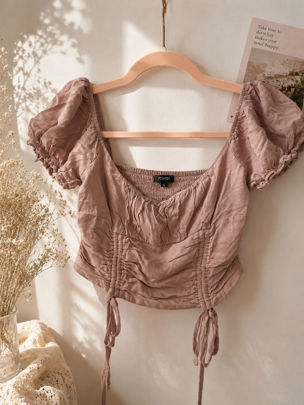 Paper moon Mauve Pink Ruched Puff-Sleeve Crop Top